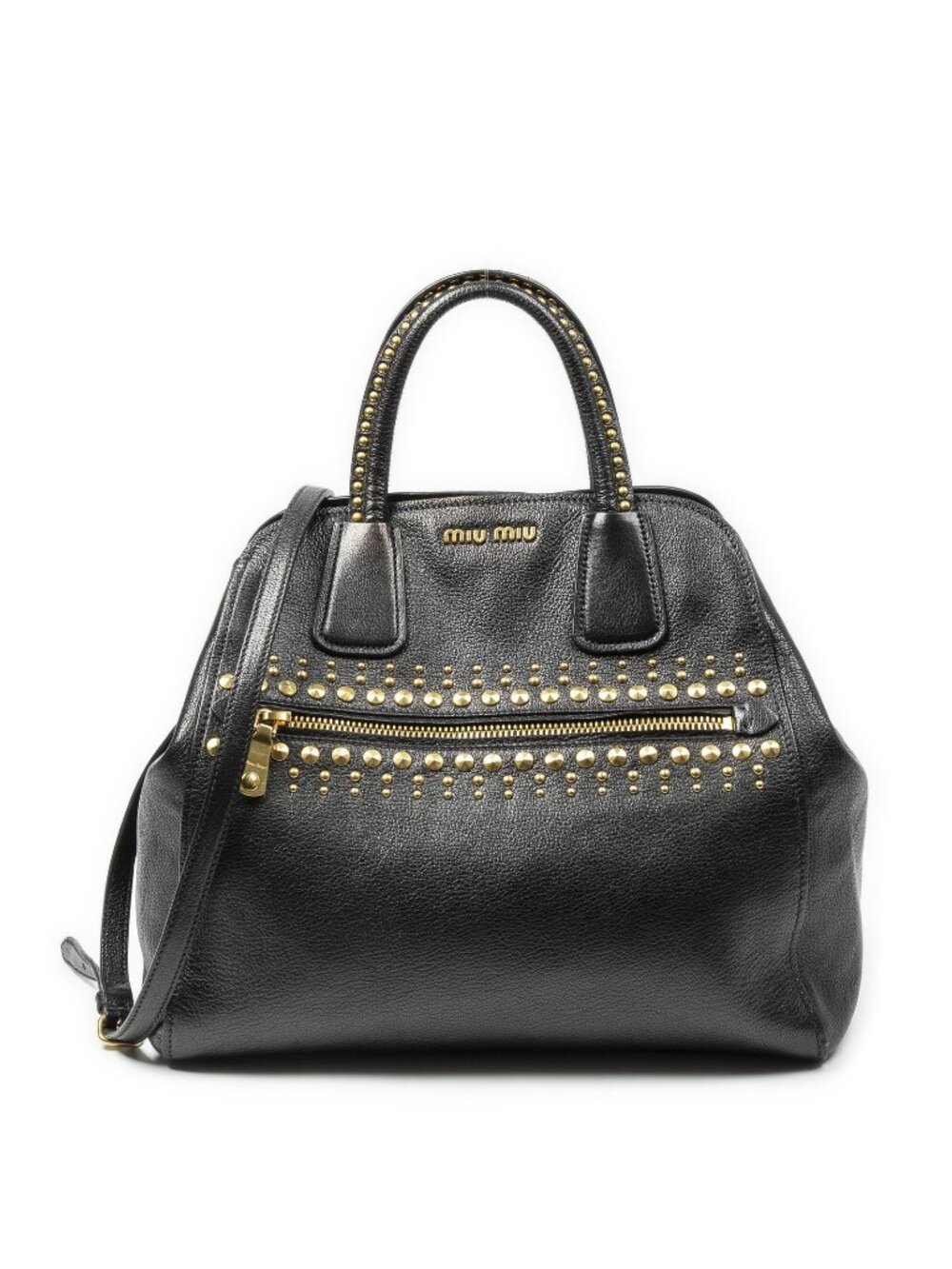 Miu Miu Studded Dome Top Handle Black Madras Leather Handbag
